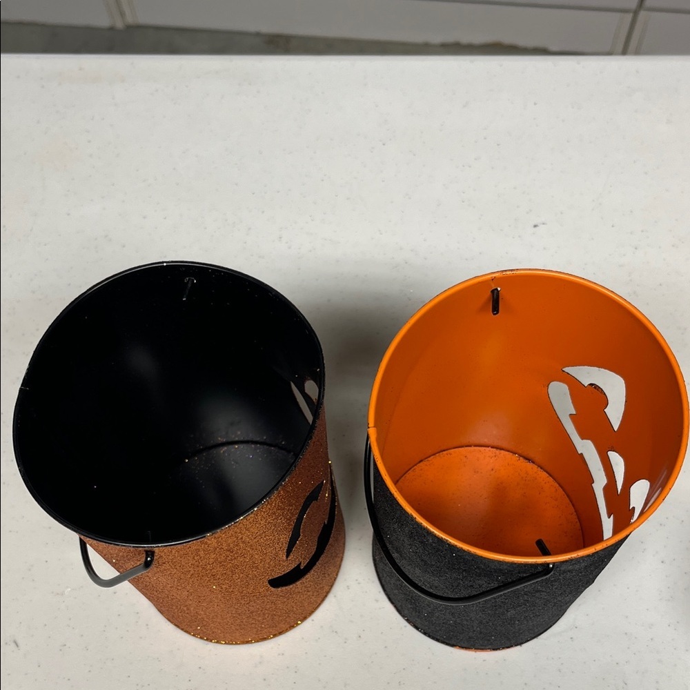 Set of 2 Glitter Jack O Lantern Halloween Buckets Orange Black Decor 7” - Picture 5 of 9